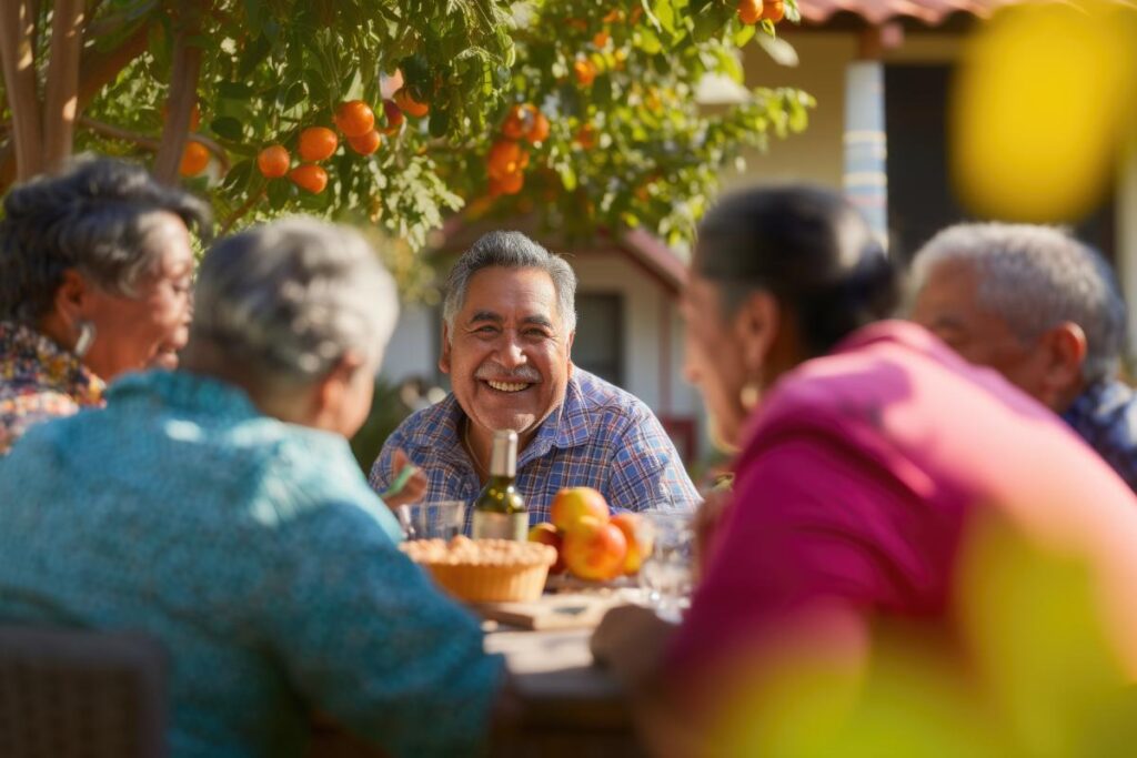 These seniors are debunking the myth of boredom in senior living. They're laughing and having an outdoor meal together.