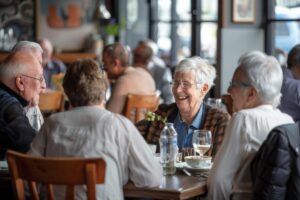 Seniors have chosen senior living personal assistance and are enjoying a meal together.