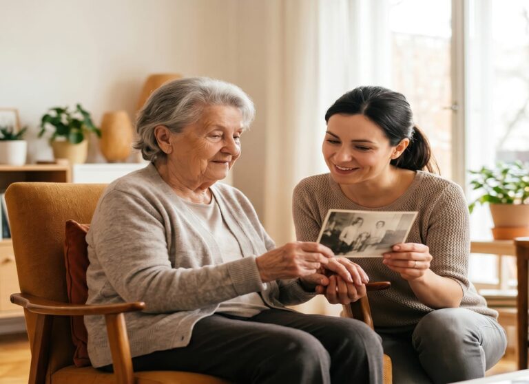 An elderly woman and a younger woman sit together, smiling and looking at a black-and-white photo in a cozy living room.