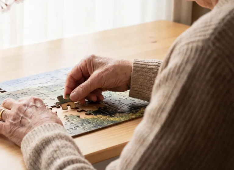 Older adult in a beige sweater placing a piece into a jigsaw puzzle on a light wooden table near a window.